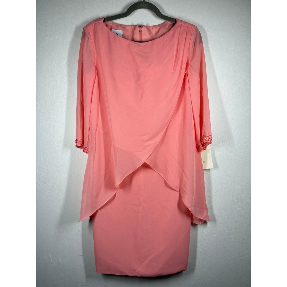 Lanting‎ Beaded Sleeve Chiffon Overlay Sheath Dress Medium Peach Mother of Bride